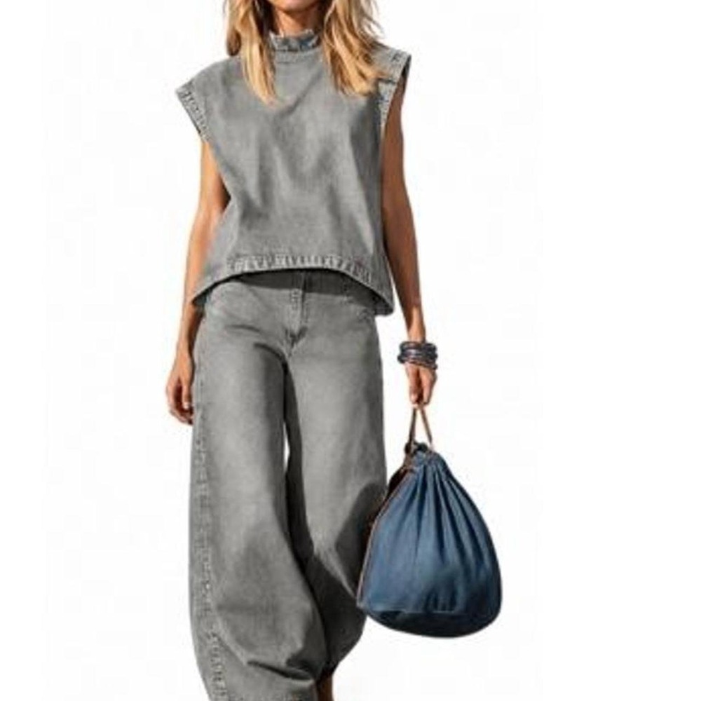 UOOZEE Women's High Waisted Loose Pocket Suit Vest Top + Pants Two Pieces Set